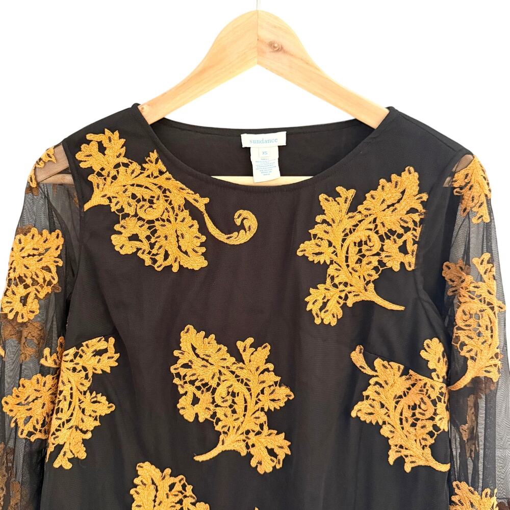 Sundance Black Mesh Blouse XS Burnt Orange Embroidered Floral Sheer Sleeve - Picture 2 of 9